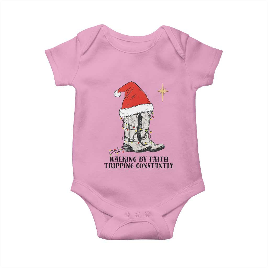 Western Christian Cowboy Baby Onesie Walking By Faith Tripping Constantly - Wonder Print Shop