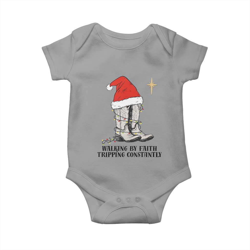 Western Christian Cowboy Baby Onesie Walking By Faith Tripping Constantly - Wonder Print Shop