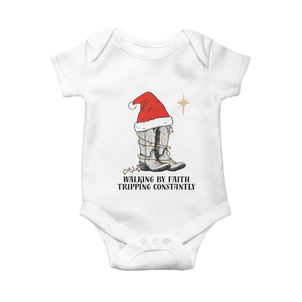 Western Christian Cowboy Baby Onesie Walking By Faith Tripping Constantly - Wonder Print Shop