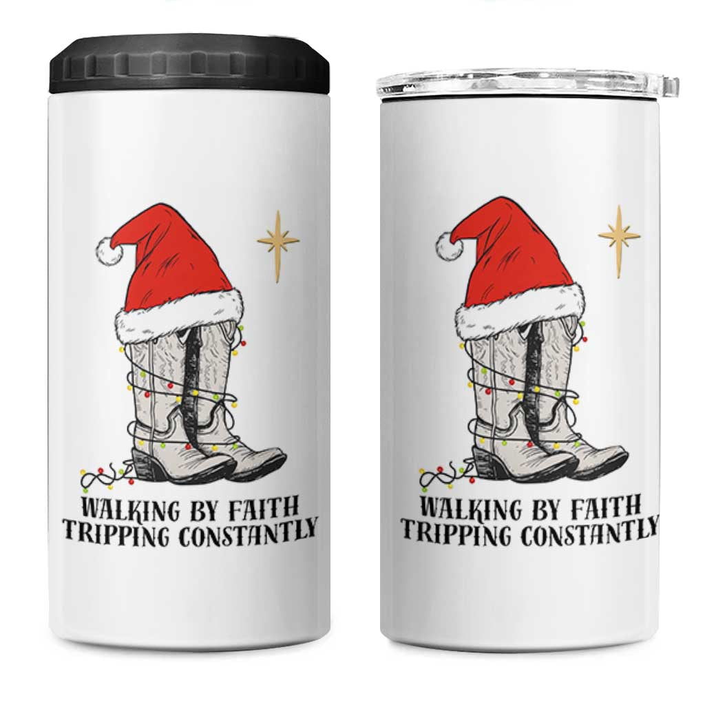 Western Christian Cowboy 4 in 1 Can Cooler Tumbler Walking By Faith Tripping Constantly - Wonder Print Shop