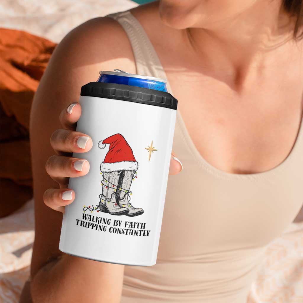 Western Christian Cowboy 4 in 1 Can Cooler Tumbler Walking By Faith Tripping Constantly - Wonder Print Shop