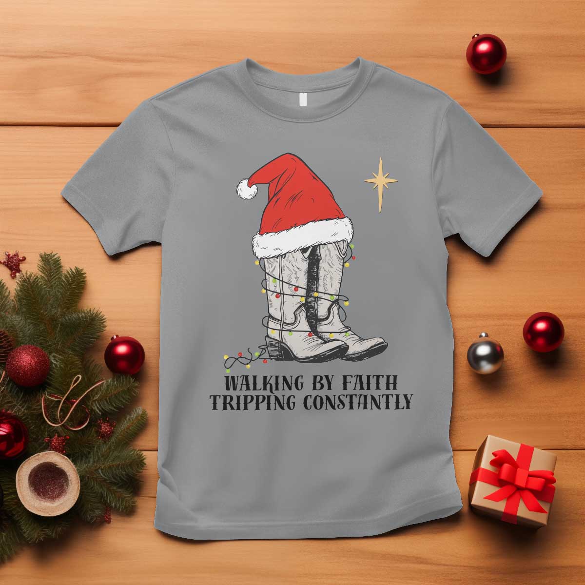 Western Christian Cowboy T Shirt Walking By Faith Tripping Constantly - Wonder Print Shop