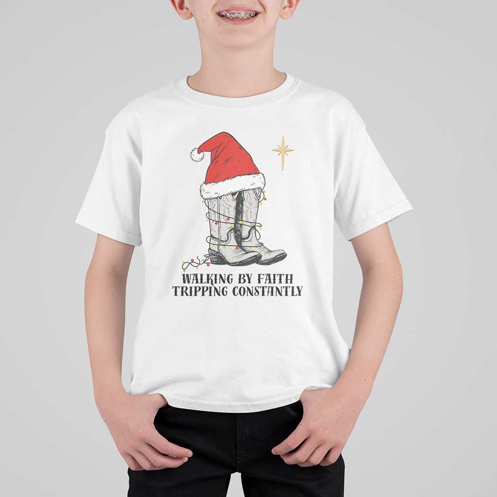 Western Christian Cowboy T Shirt For Kid Walking By Faith Tripping Constantly - Wonder Print Shop