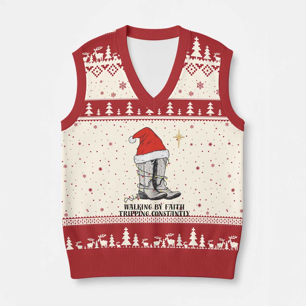 Western Christian Cowboy V-Neck Knit Sweater Vest Walking By Faith Tripping Constantly - Wonder Print Shop