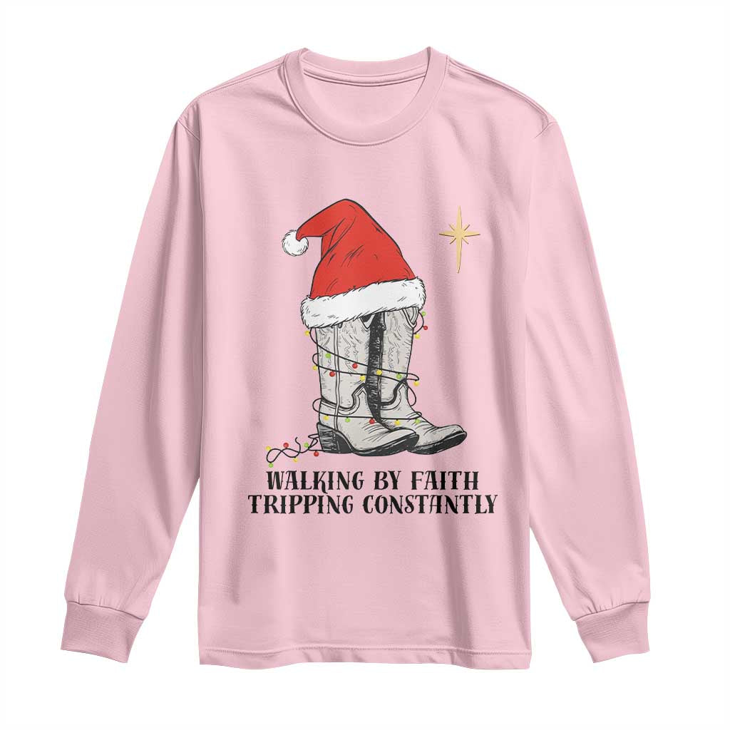 Western Christian Cowboy Long Sleeve Shirt Walking By Faith Tripping Constantly - Wonder Print Shop
