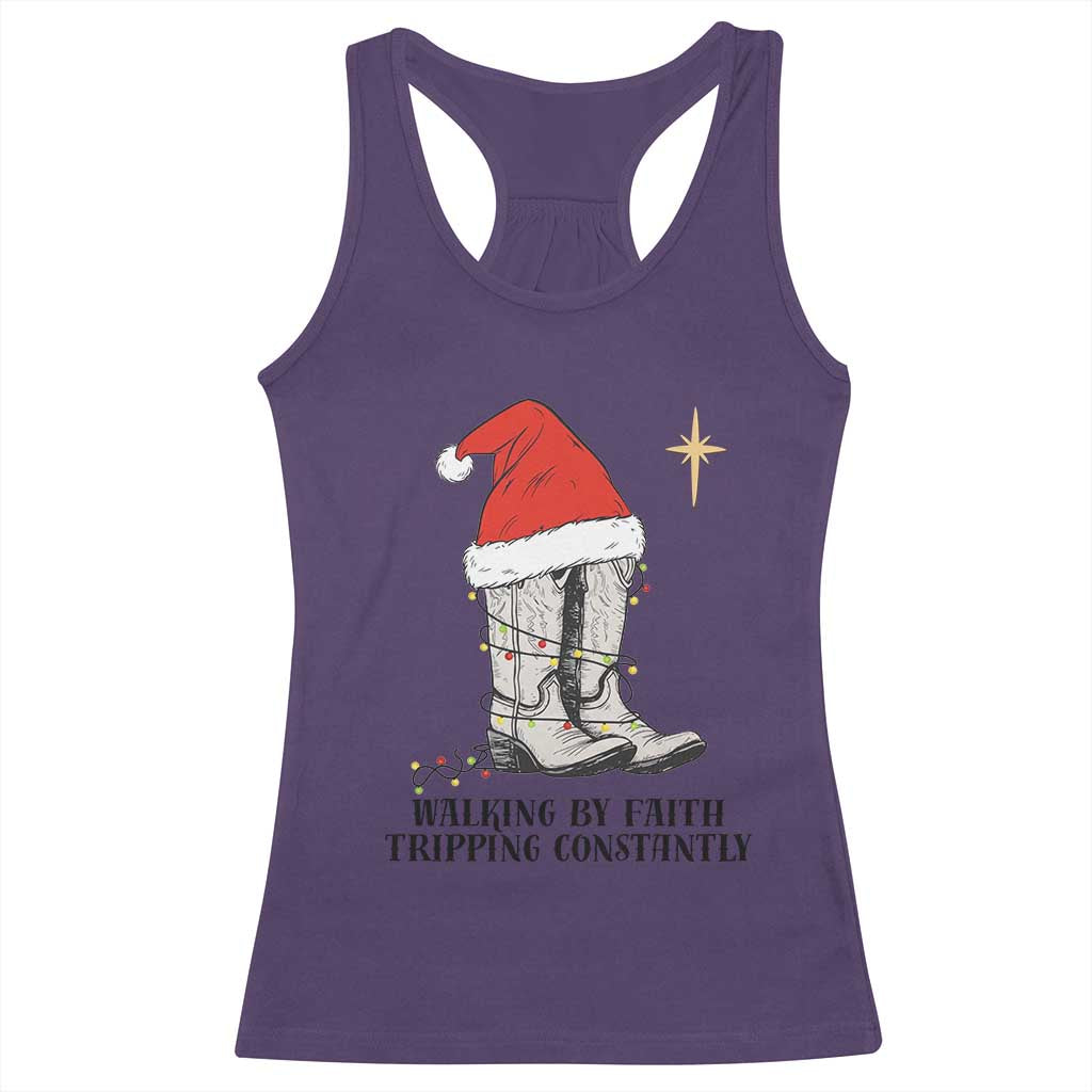 Western Christian Cowboy Racerback Tank Top Walking By Faith Tripping Constantly - Wonder Print Shop
