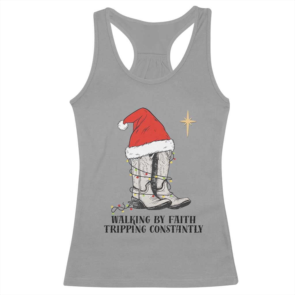 Western Christian Cowboy Racerback Tank Top Walking By Faith Tripping Constantly - Wonder Print Shop