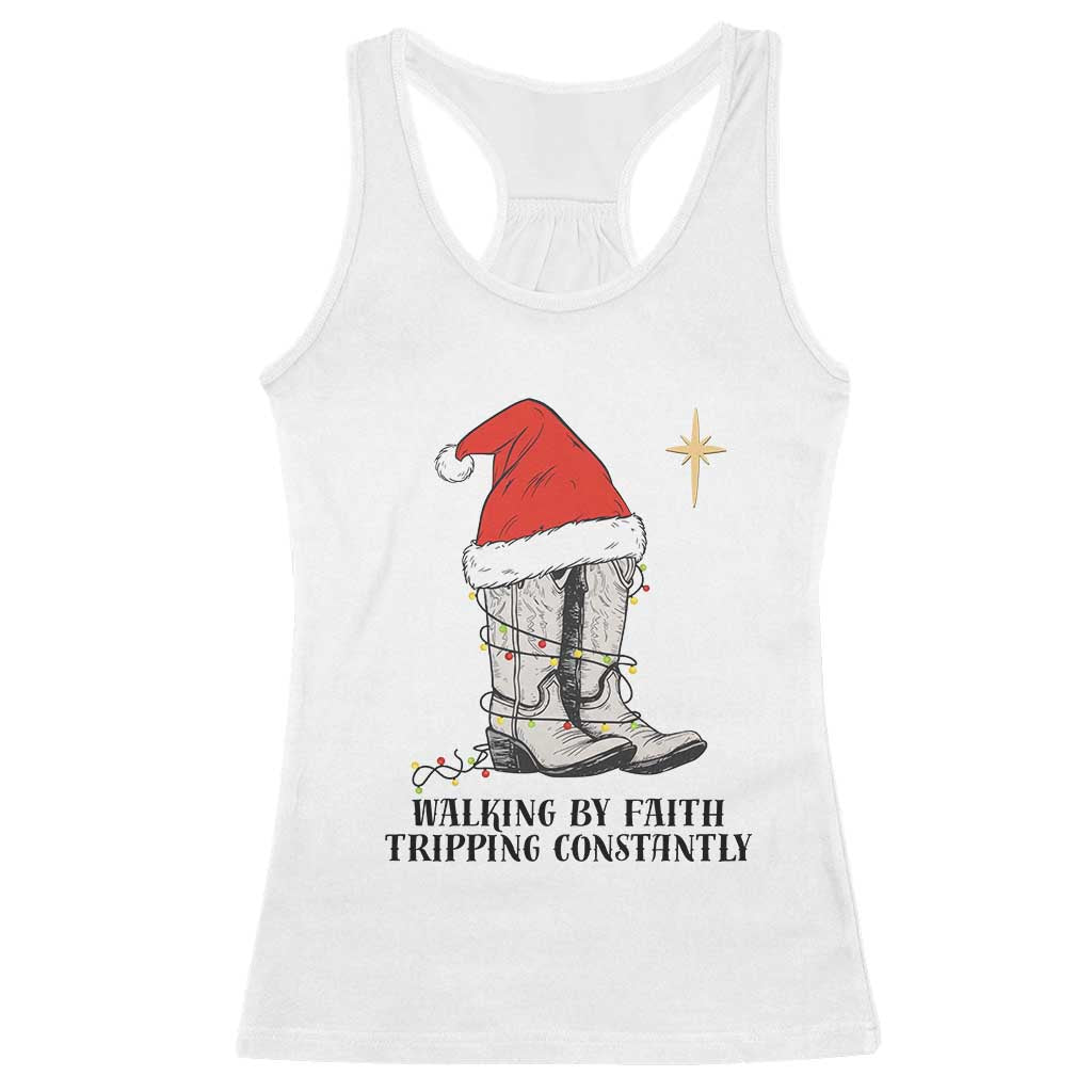 Western Christian Cowboy Racerback Tank Top Walking By Faith Tripping Constantly - Wonder Print Shop
