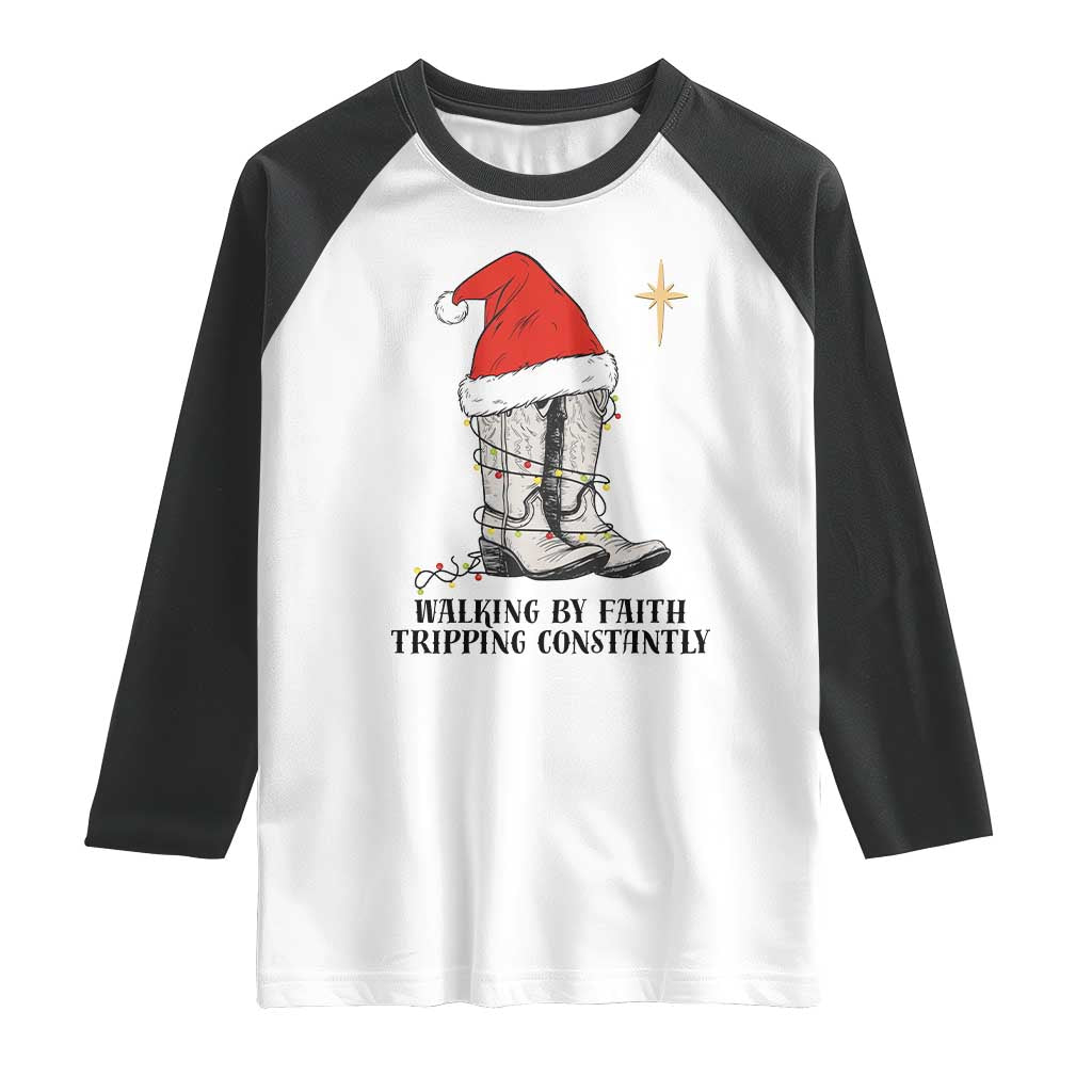Western Christian Cowboy Raglan Shirt Walking By Faith Tripping Constantly - Wonder Print Shop