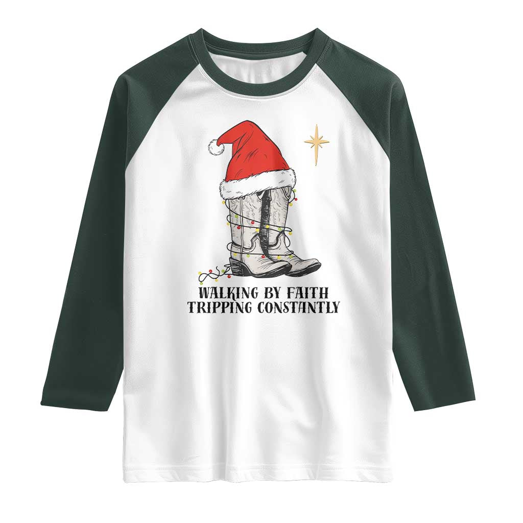 Western Christian Cowboy Raglan Shirt Walking By Faith Tripping Constantly - Wonder Print Shop