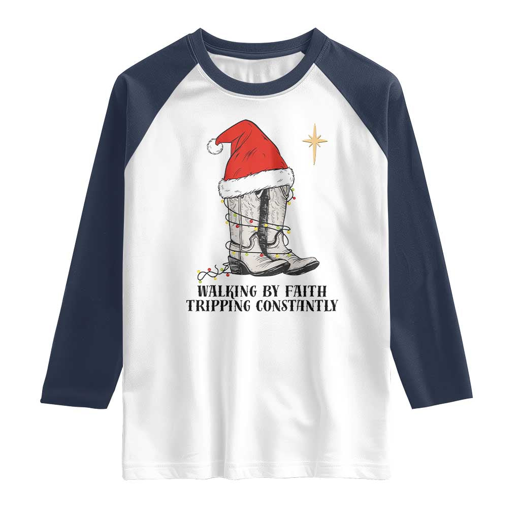 Western Christian Cowboy Raglan Shirt Walking By Faith Tripping Constantly - Wonder Print Shop