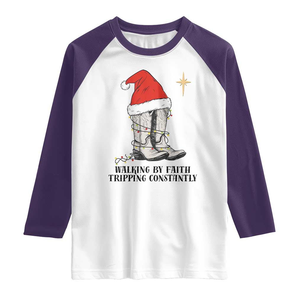 Western Christian Cowboy Raglan Shirt Walking By Faith Tripping Constantly - Wonder Print Shop