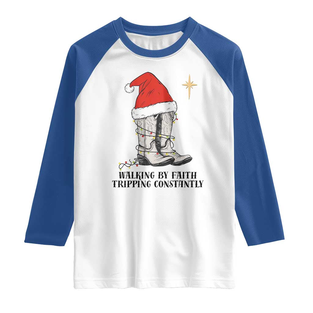 Western Christian Cowboy Raglan Shirt Walking By Faith Tripping Constantly - Wonder Print Shop