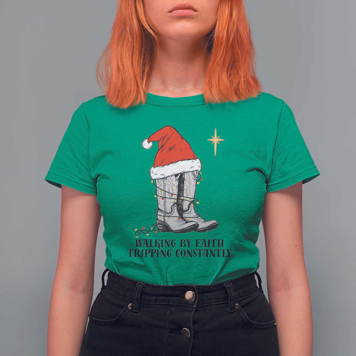 Western Christian Cowboy T Shirt For Women Walking By Faith Tripping Constantly - Wonder Print Shop