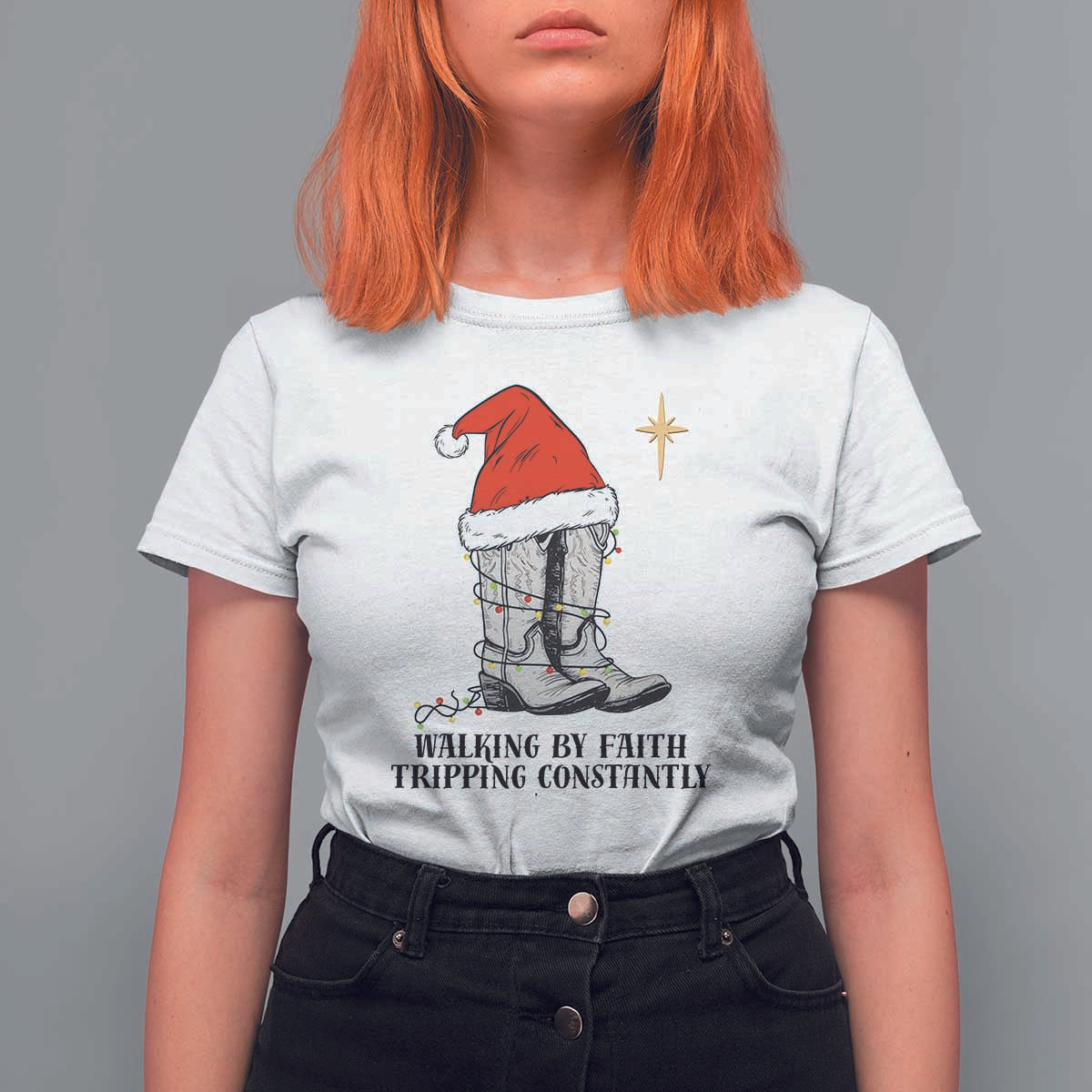 Western Christian Cowboy T Shirt For Women Walking By Faith Tripping Constantly - Wonder Print Shop