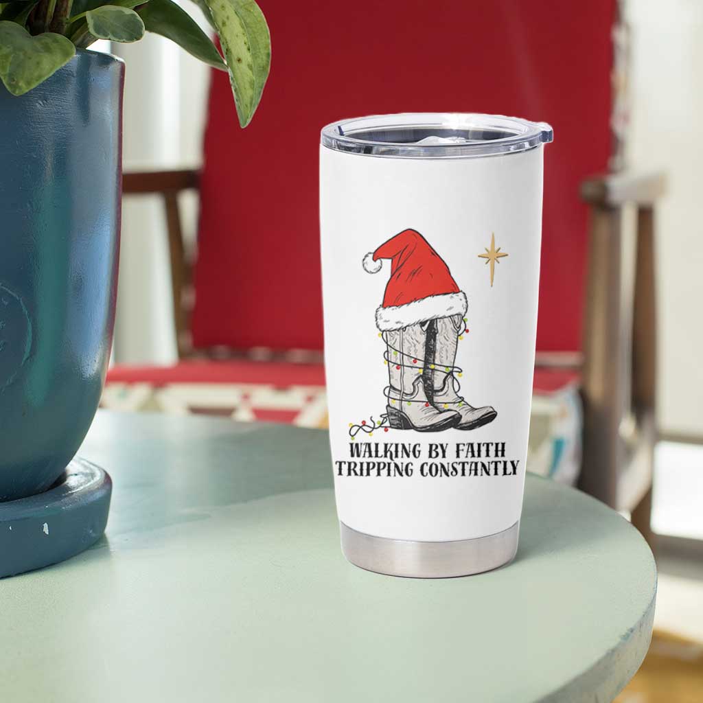 Western Christian Cowboy Tumbler Cup Walking By Faith Tripping Constantly - Wonder Print Shop
