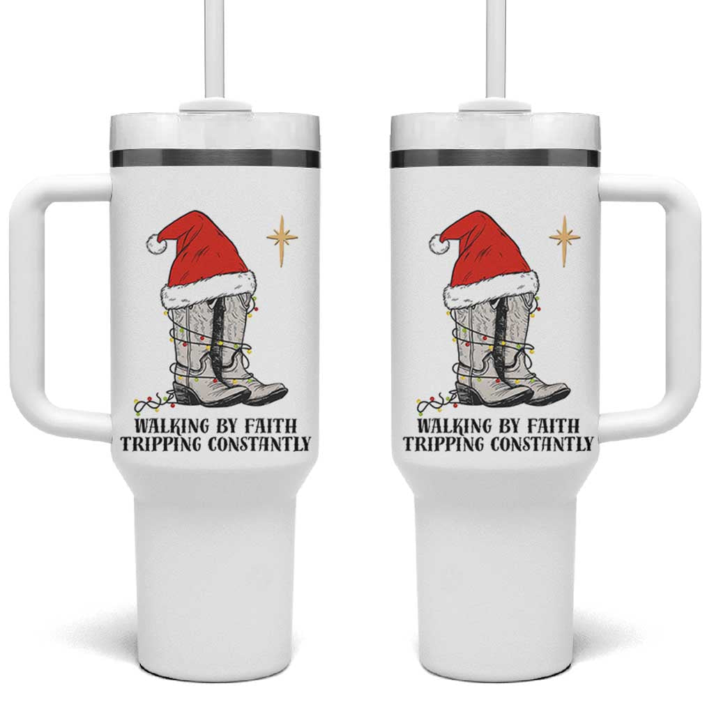 Western Christian Cowboy Tumbler With Handle Walking By Faith Tripping Constantly - Wonder Print Shop