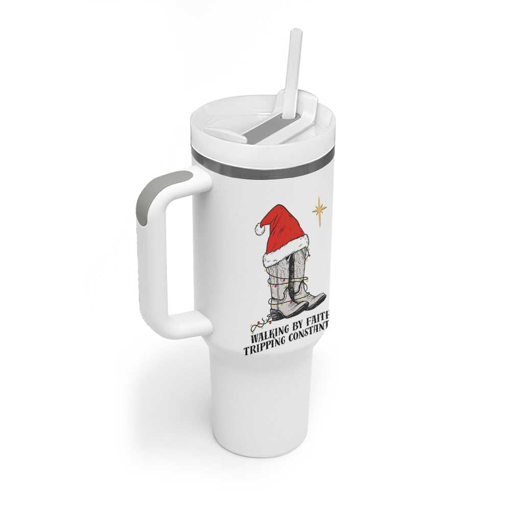 Western Christian Cowboy Tumbler With Handle Walking By Faith Tripping Constantly - Wonder Print Shop