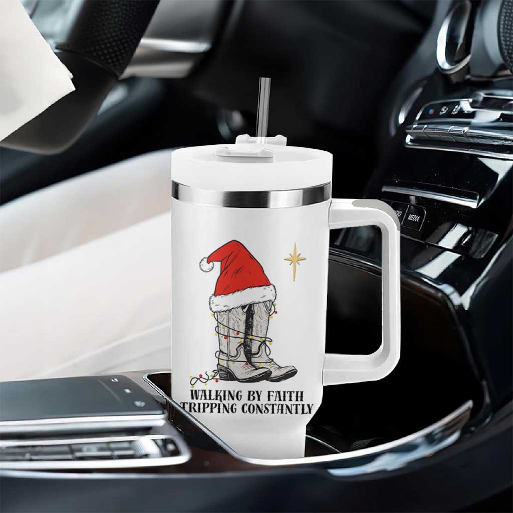 Western Christian Cowboy Tumbler With Handle Walking By Faith Tripping Constantly - Wonder Print Shop