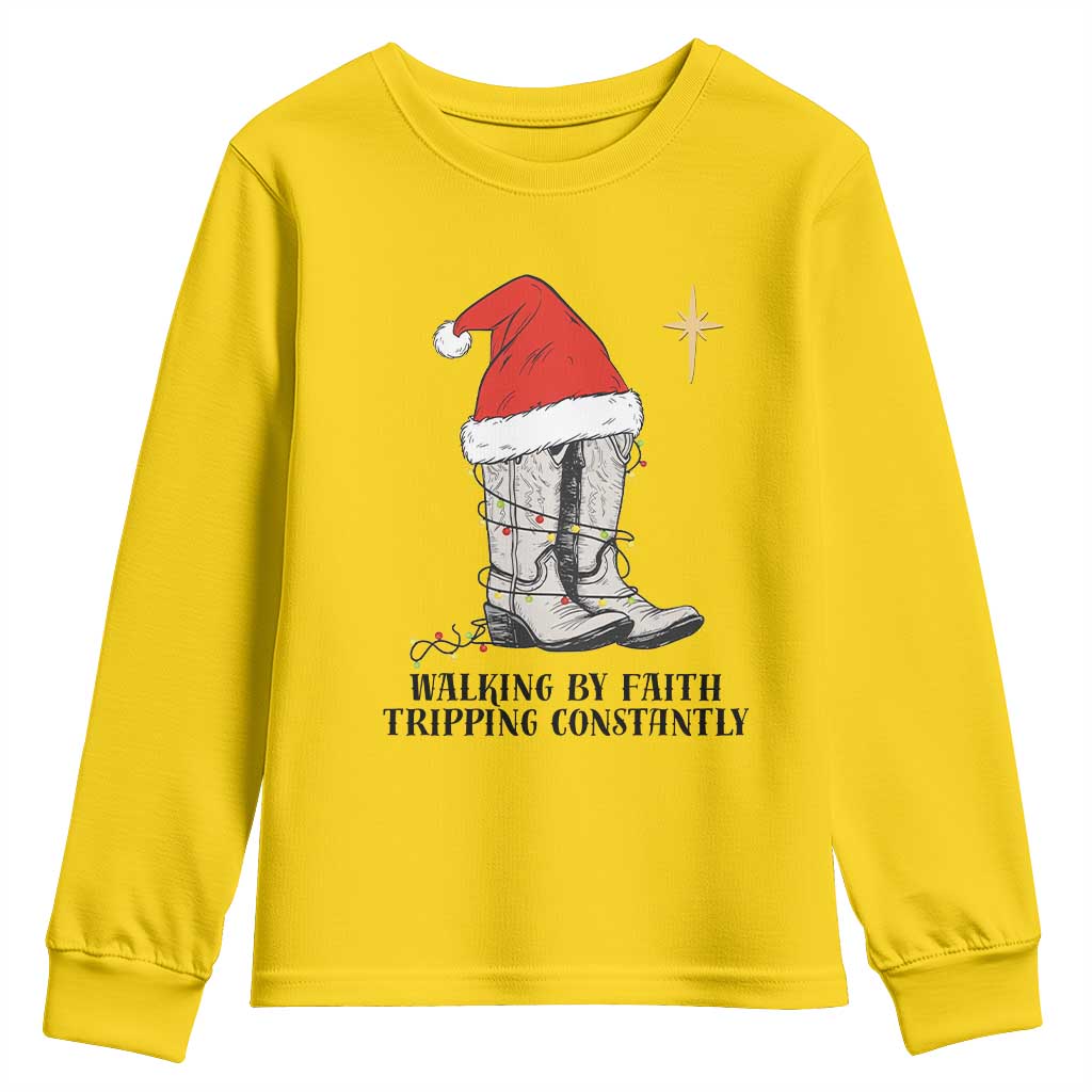 Western Christian Cowboy Youth Sweatshirt Walking By Faith Tripping Constantly - Wonder Print Shop