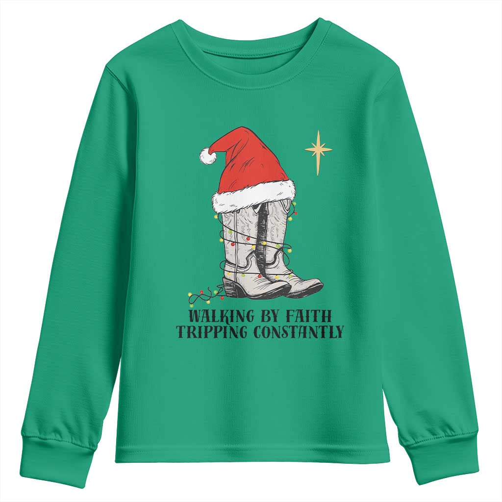 Western Christian Cowboy Youth Sweatshirt Walking By Faith Tripping Constantly - Wonder Print Shop