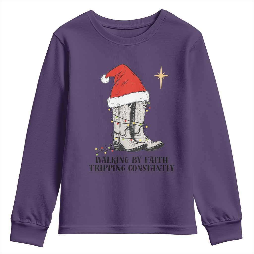 Western Christian Cowboy Youth Sweatshirt Walking By Faith Tripping Constantly - Wonder Print Shop