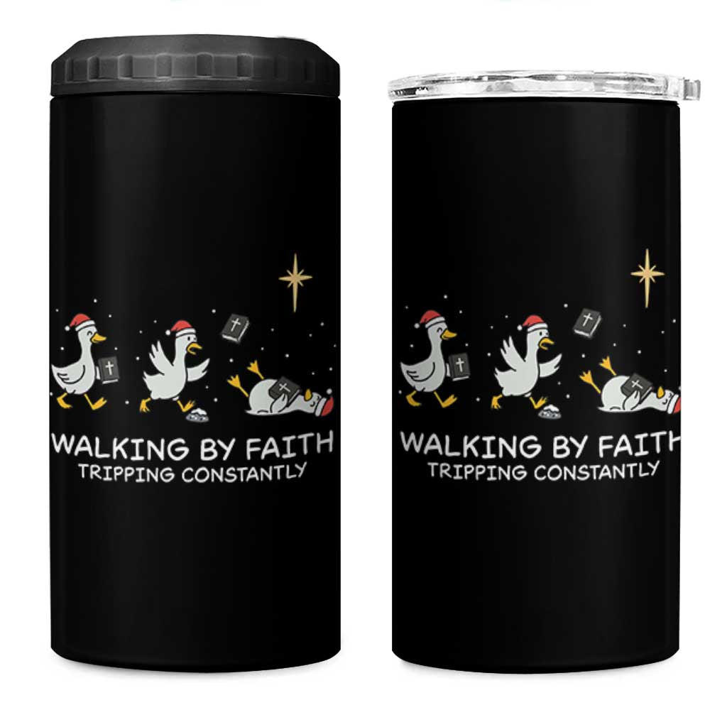 Christian Goose Christmas 4 in 1 Can Cooler Tumbler Walking By Faith Tripping Constantly Funny Quote - Wonder Print Shop