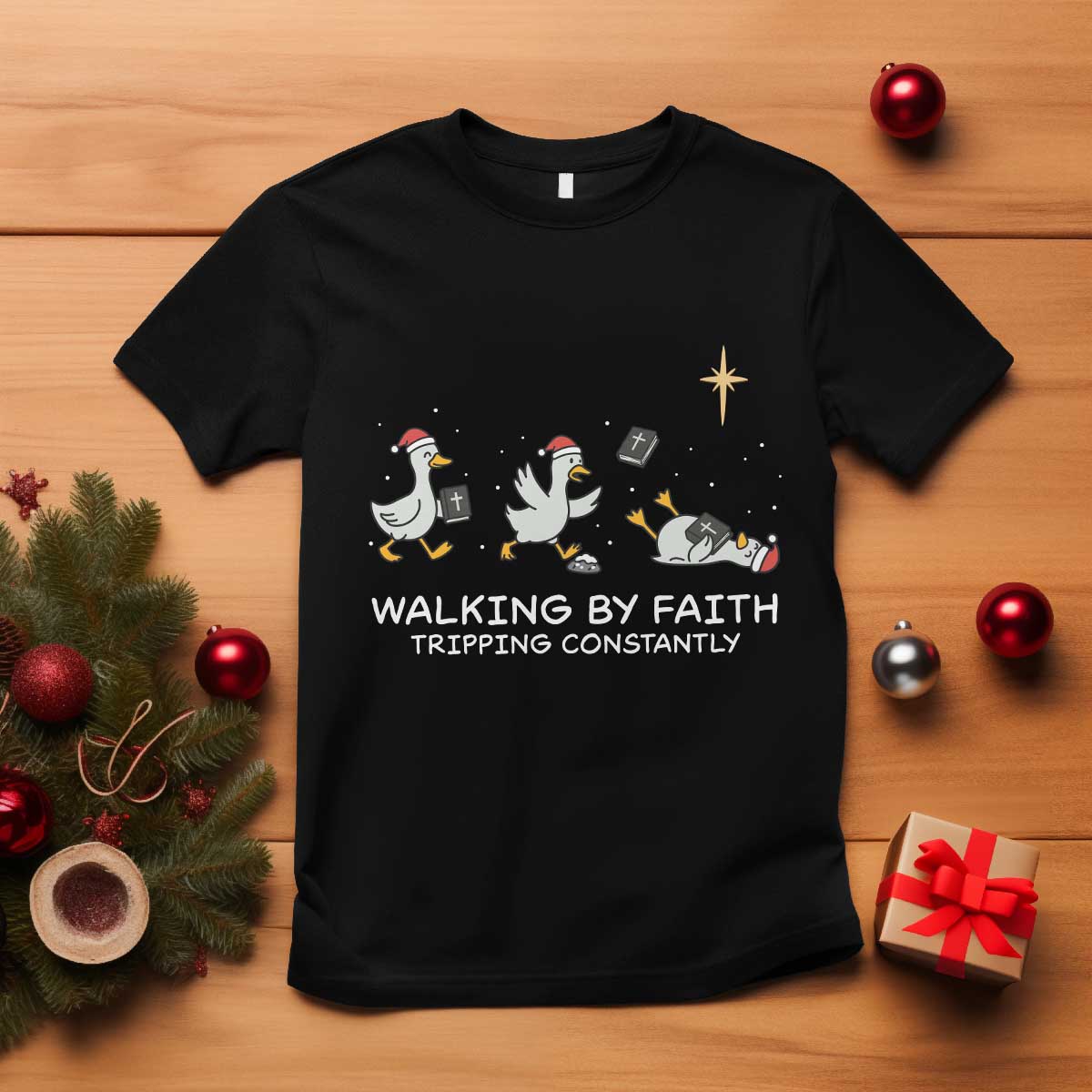 Christian Goose Christmas T Shirt Walking By Faith Tripping Constantly Funny Quote - Wonder Print Shop