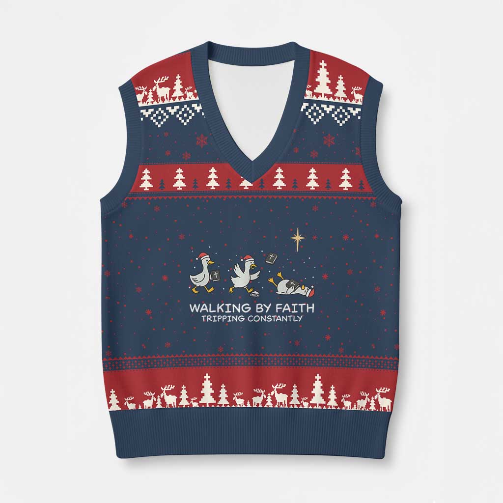 Christian Goose Xmas V-Neck Knit Sweater Vest Walking By Faith Tripping Constantly Funny Quote - Wonder Print Shop