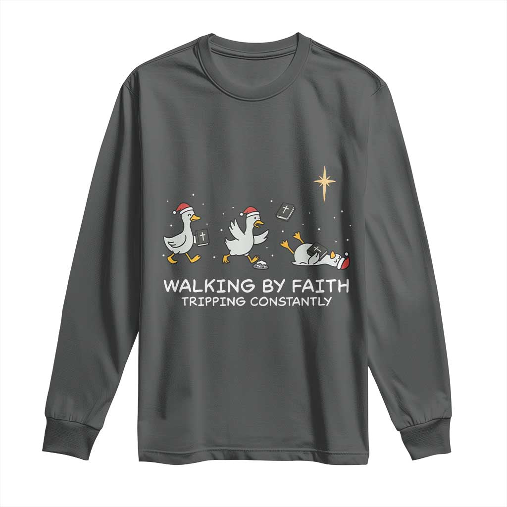 Christian Goose Christmas Long Sleeve Shirt Walking By Faith Tripping Constantly Funny Quote - Wonder Print Shop