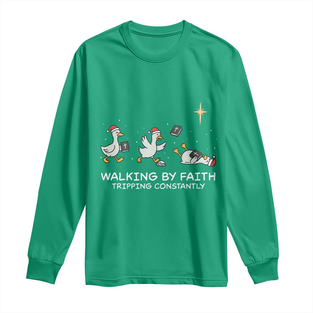 Christian Goose Christmas Long Sleeve Shirt Walking By Faith Tripping Constantly Funny Quote - Wonder Print Shop