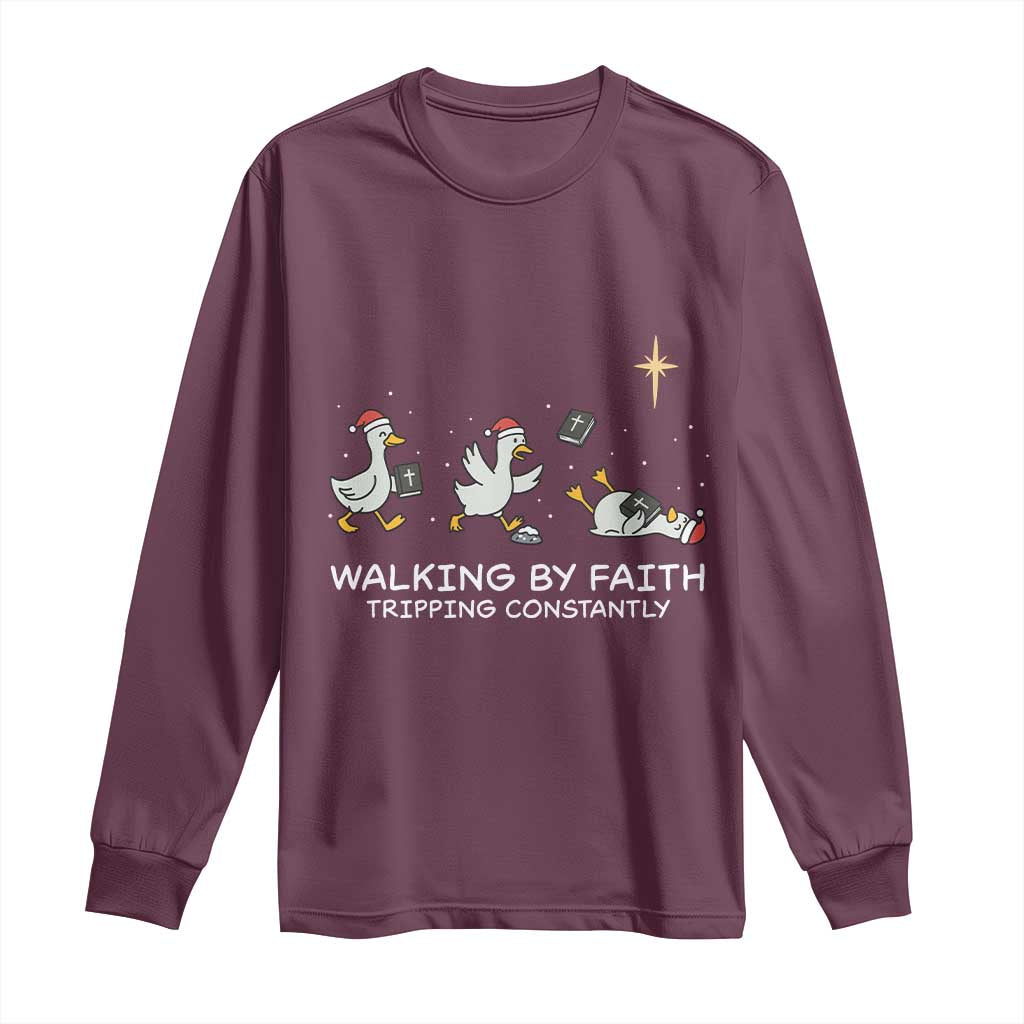 Christian Goose Christmas Long Sleeve Shirt Walking By Faith Tripping Constantly Funny Quote - Wonder Print Shop
