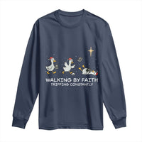 Christian Goose Christmas Long Sleeve Shirt Walking By Faith Tripping Constantly Funny Quote - Wonder Print Shop