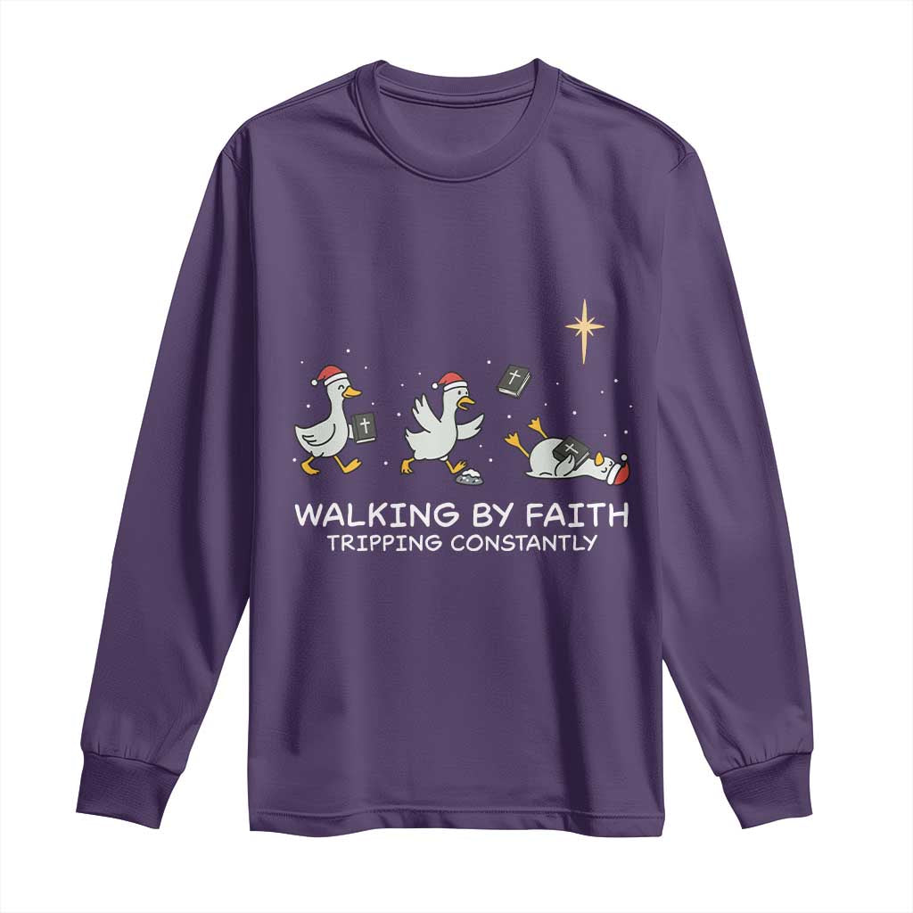 Christian Goose Christmas Long Sleeve Shirt Walking By Faith Tripping Constantly Funny Quote - Wonder Print Shop