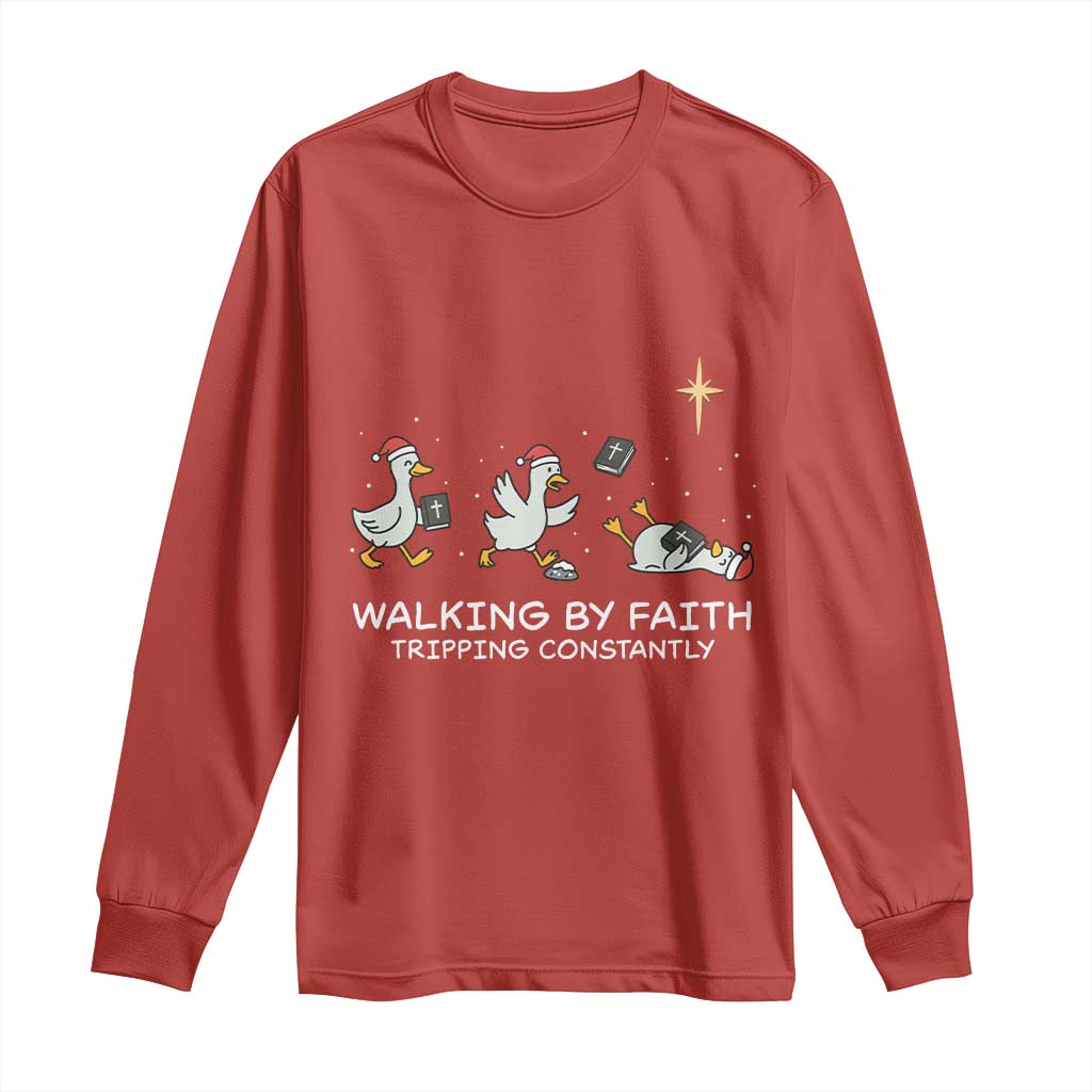 Christian Goose Christmas Long Sleeve Shirt Walking By Faith Tripping Constantly Funny Quote - Wonder Print Shop