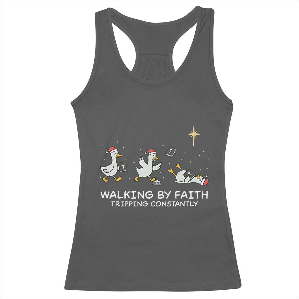 Christian Goose Christmas Racerback Tank Top Walking By Faith Tripping Constantly Funny Quote - Wonder Print Shop