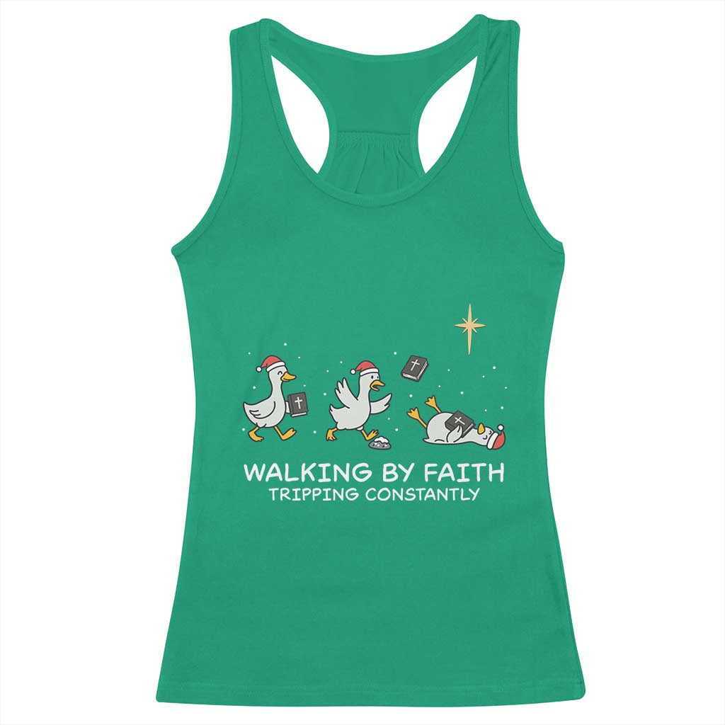 Christian Goose Christmas Racerback Tank Top Walking By Faith Tripping Constantly Funny Quote - Wonder Print Shop