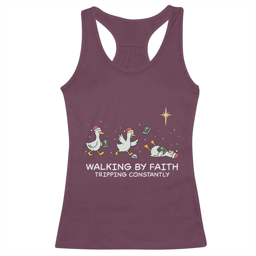 Christian Goose Christmas Racerback Tank Top Walking By Faith Tripping Constantly Funny Quote - Wonder Print Shop
