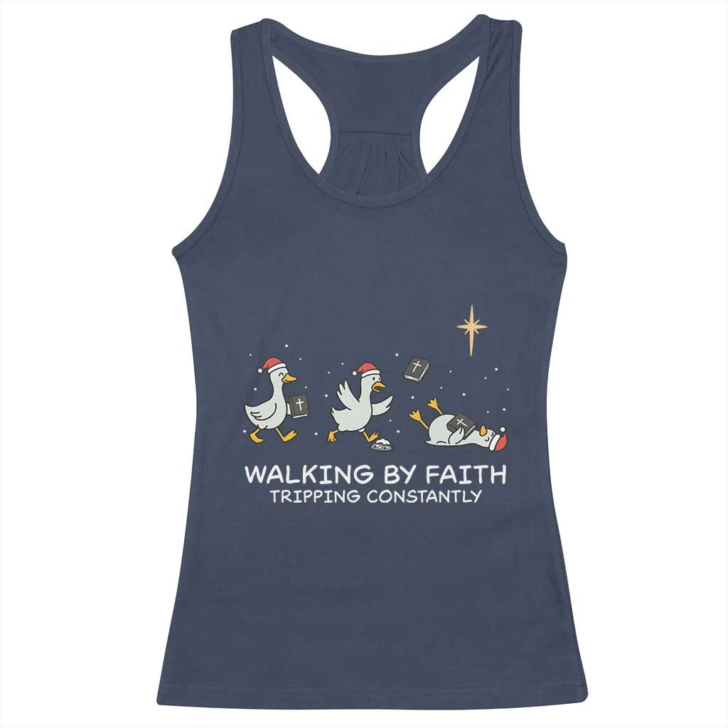 Christian Goose Christmas Racerback Tank Top Walking By Faith Tripping Constantly Funny Quote - Wonder Print Shop