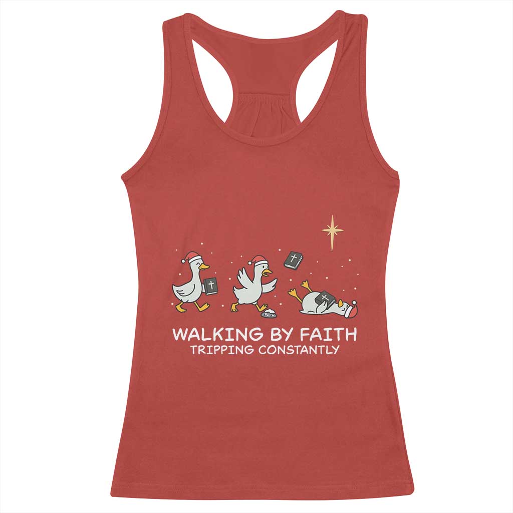 Christian Goose Christmas Racerback Tank Top Walking By Faith Tripping Constantly Funny Quote - Wonder Print Shop