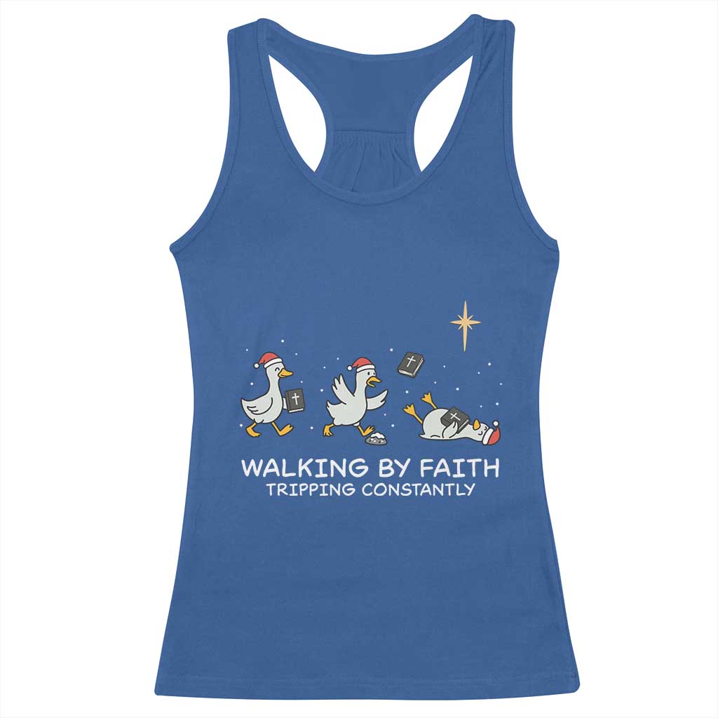 Christian Goose Christmas Racerback Tank Top Walking By Faith Tripping Constantly Funny Quote - Wonder Print Shop