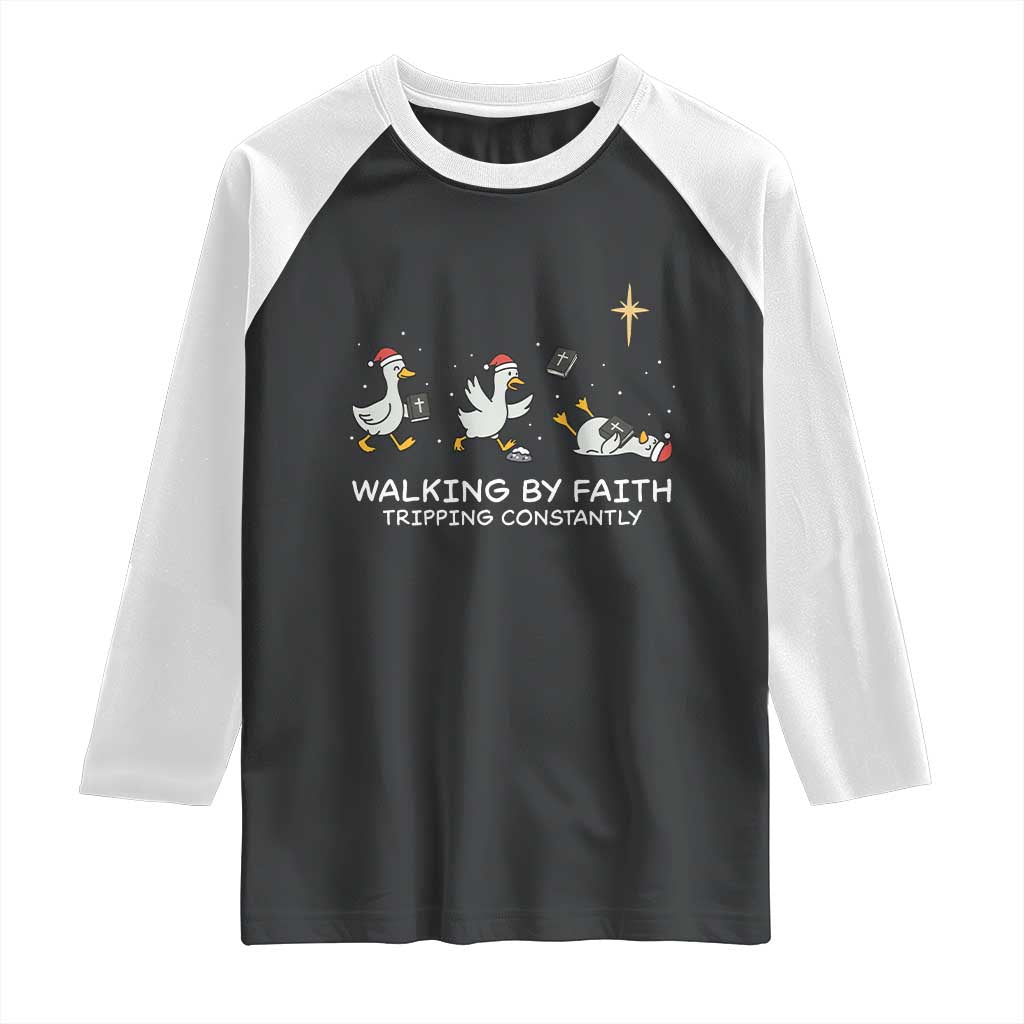Christian Goose Christmas Raglan Shirt Walking By Faith Tripping Constantly Funny Quote - Wonder Print Shop