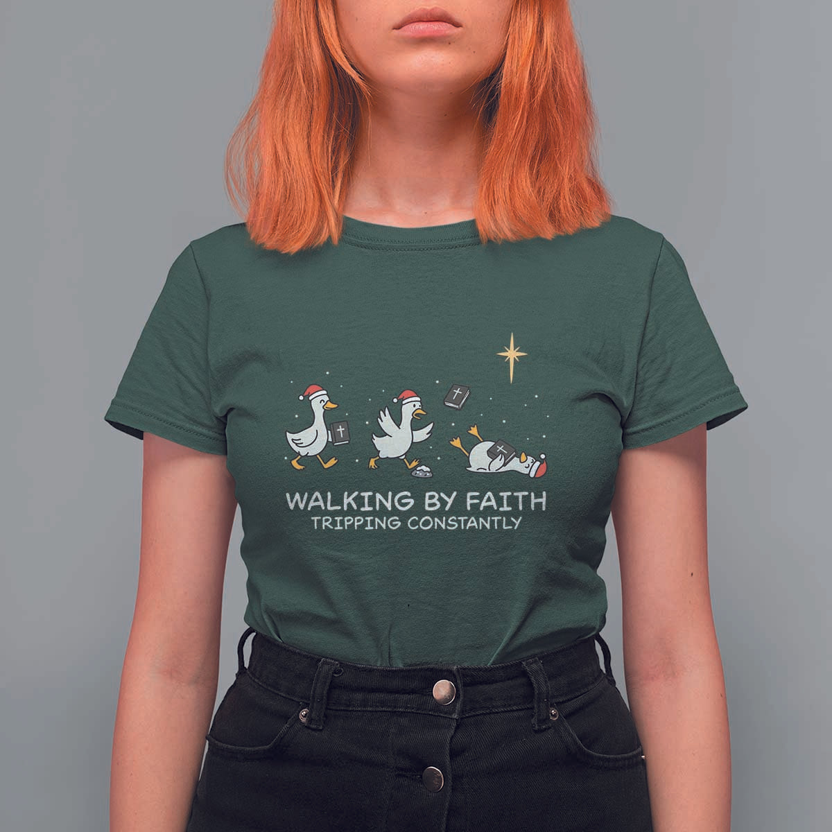 Christian Goose Christmas T Shirt For Women Walking By Faith Tripping Constantly Funny Quote - Wonder Print Shop