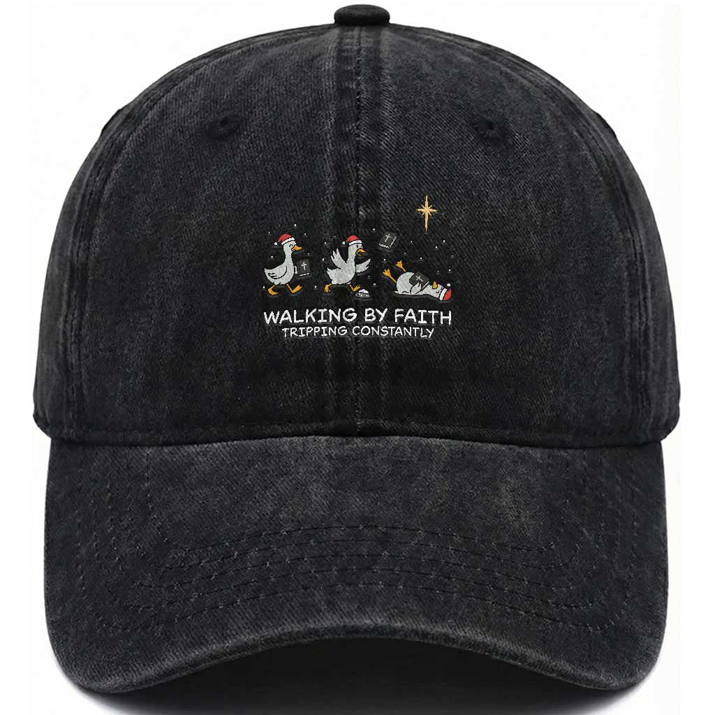 Christian Goose Christmas Washed Cotton Baseball Cap Walking By Faith Tripping Constantly Funny Quote