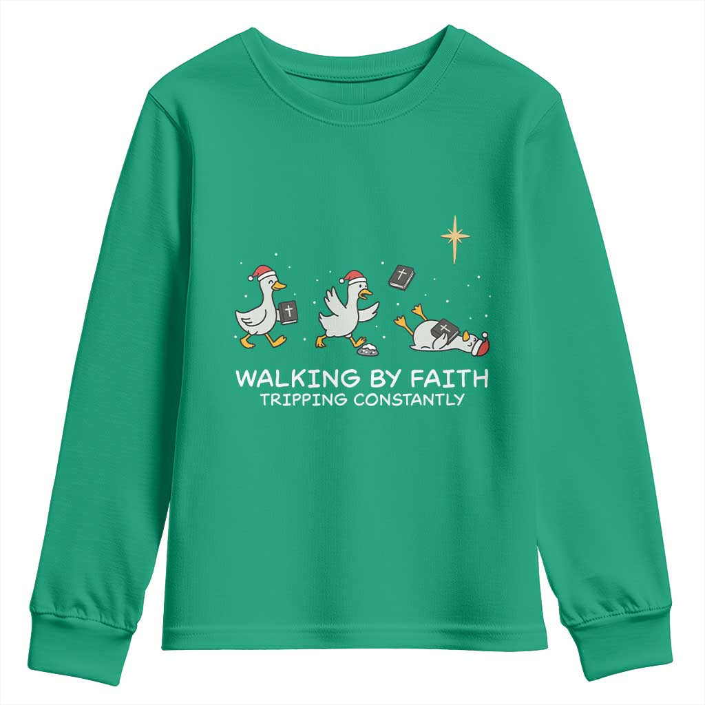 Christian Goose Christmas Youth Sweatshirt Walking By Faith Tripping Constantly Funny Quote - Wonder Print Shop