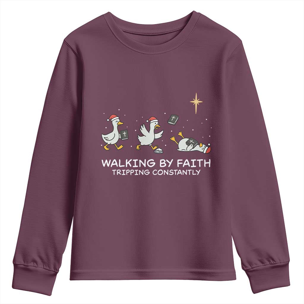 Christian Goose Christmas Youth Sweatshirt Walking By Faith Tripping Constantly Funny Quote - Wonder Print Shop