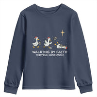 Christian Goose Christmas Youth Sweatshirt Walking By Faith Tripping Constantly Funny Quote - Wonder Print Shop