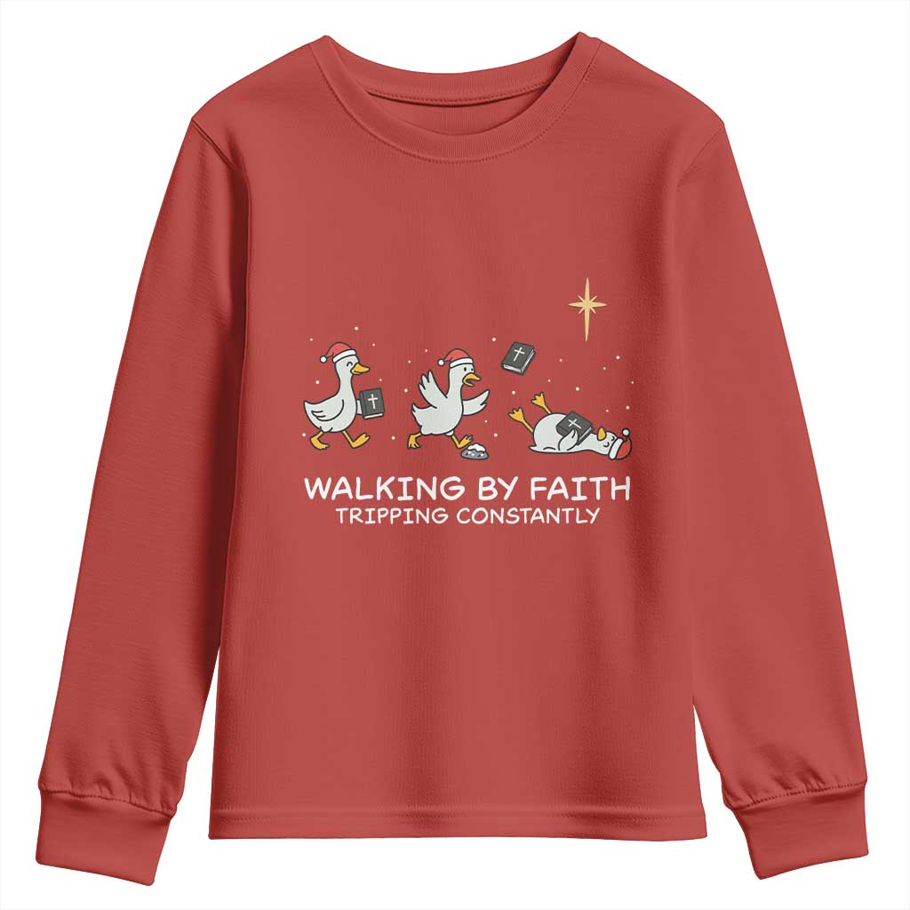 Christian Goose Christmas Youth Sweatshirt Walking By Faith Tripping Constantly Funny Quote - Wonder Print Shop