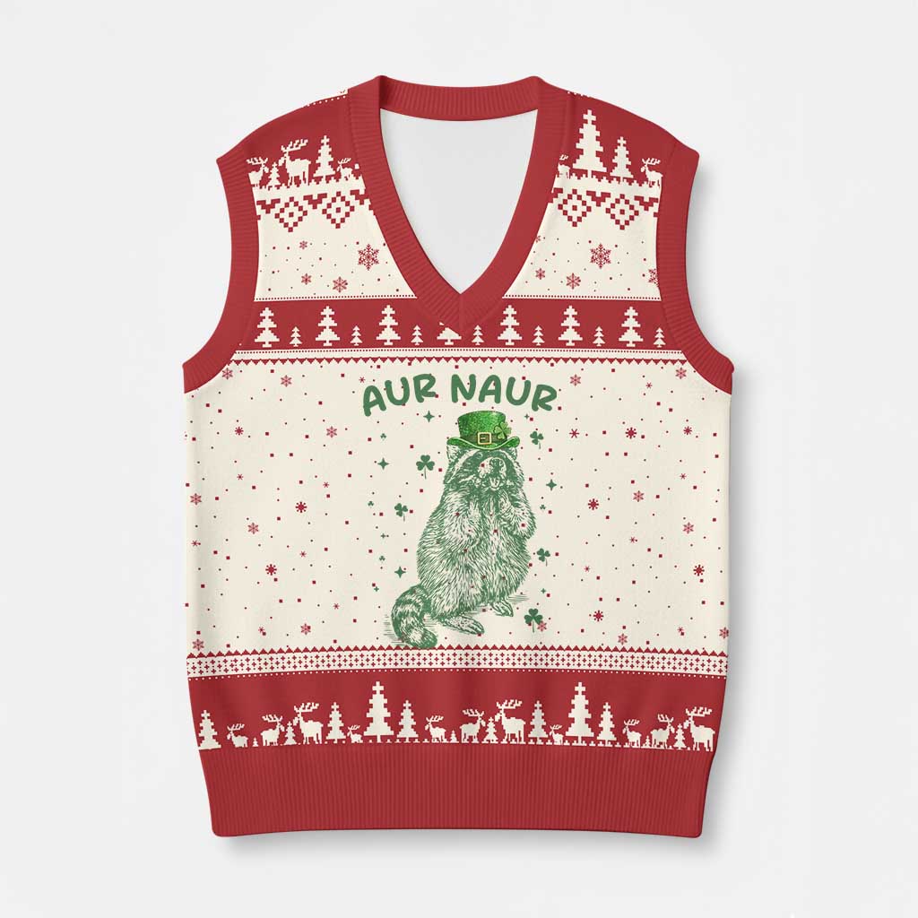 Aur Naur Cowboy Raccoon Meme V-Neck Knit Sweater Vest Funny Sarcastic Oh No Australian Accent