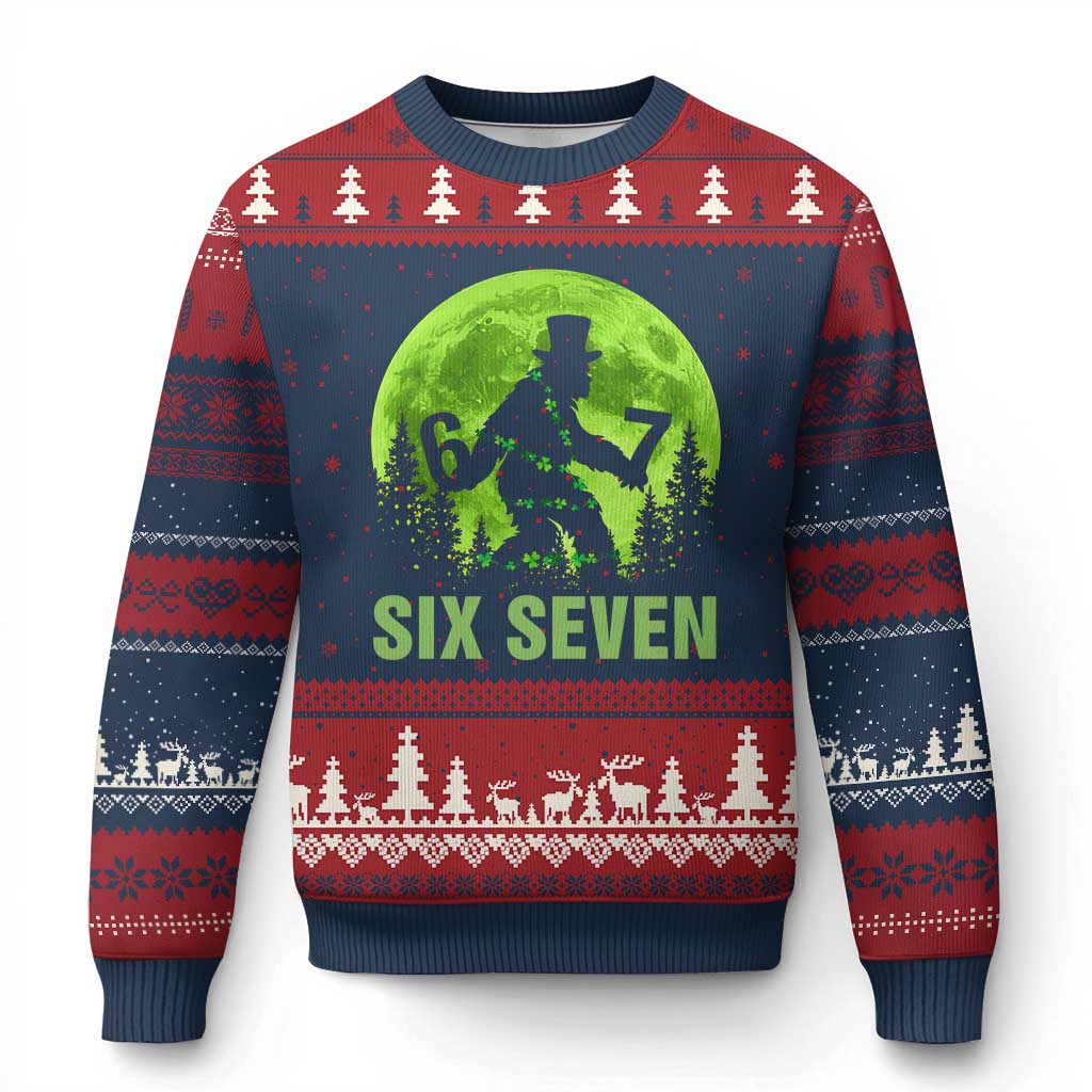 Funny Bigfoot St Patricks Day Ugly Christmas Sweater Sasquatch Hiding Moon Forest Meme